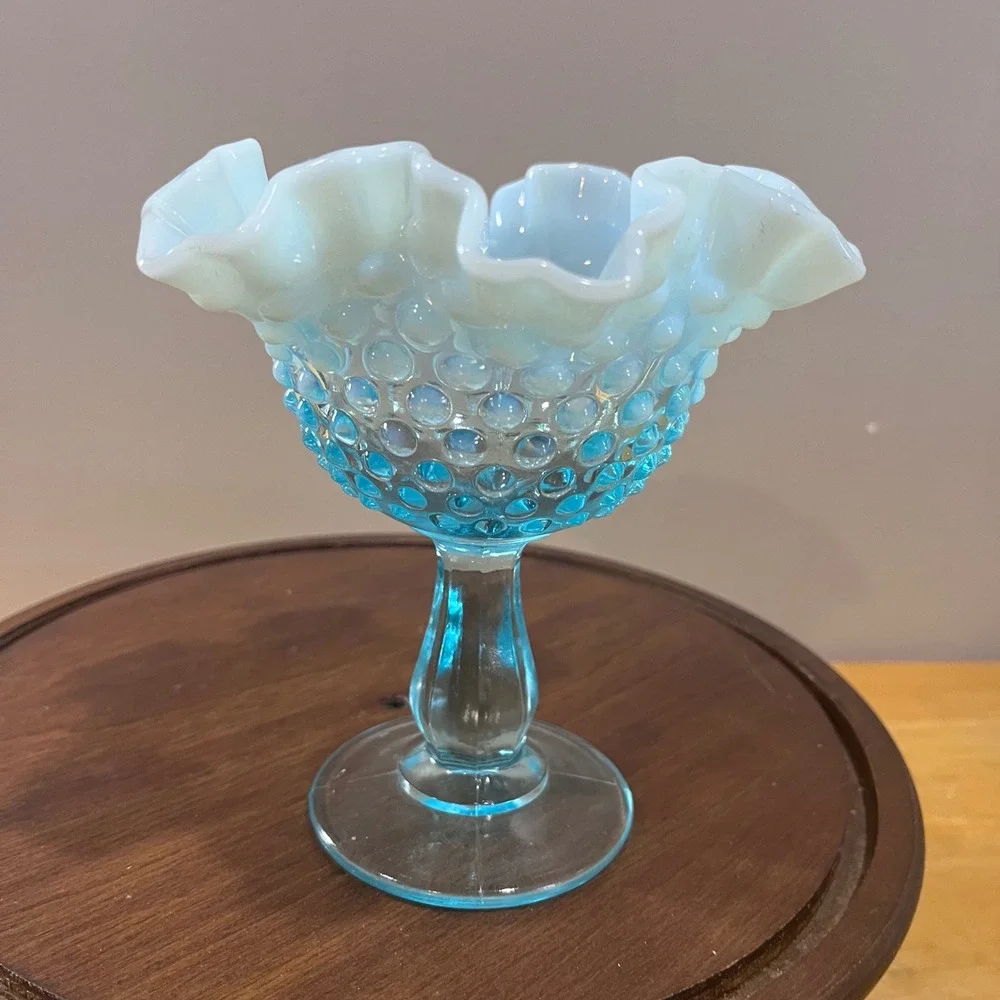 Vtg Fenton Blue Opalescent Hobnail Ruffled Glass Compote‎ MCM Candy Dish 6